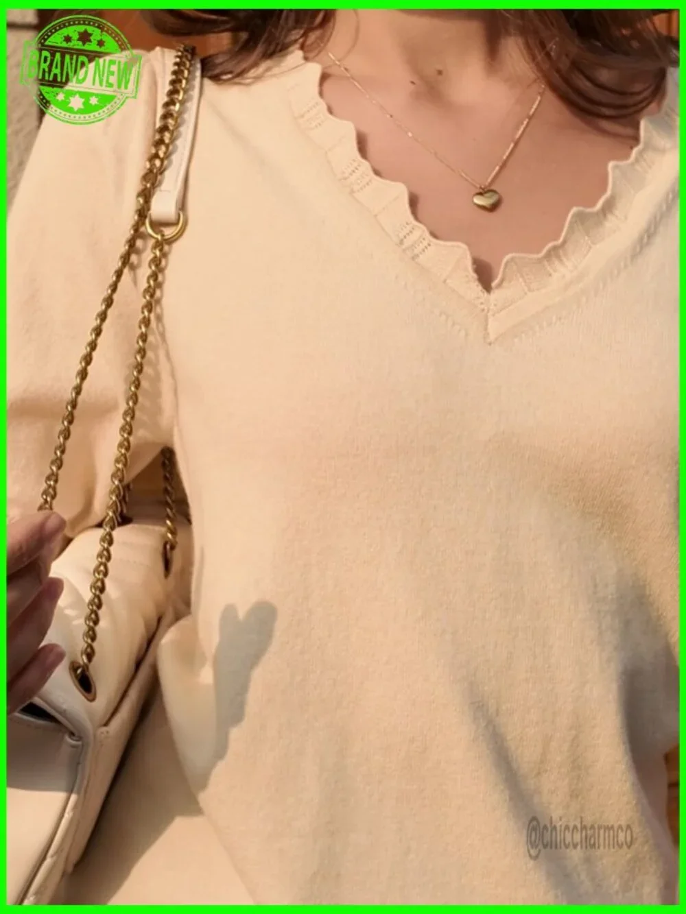 Women's V-Neck Puff Sleeve Sweater Pullover Ribbed Knit Casual Top